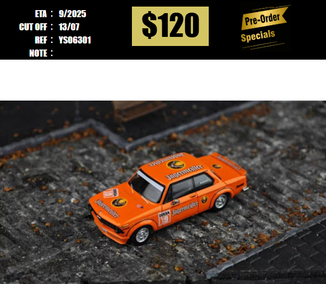 PO-$120 * YS MDEL * 1:43 BMW 2002 TURBO ORANGE JAGERMEISTER [OD30/06]