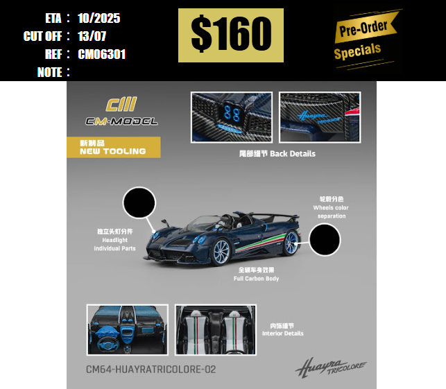 PO-$160 * CM MODEL * 1:64 PAGANI HUAYRA TRICOLORE CARBON BLUE [OD30/06]