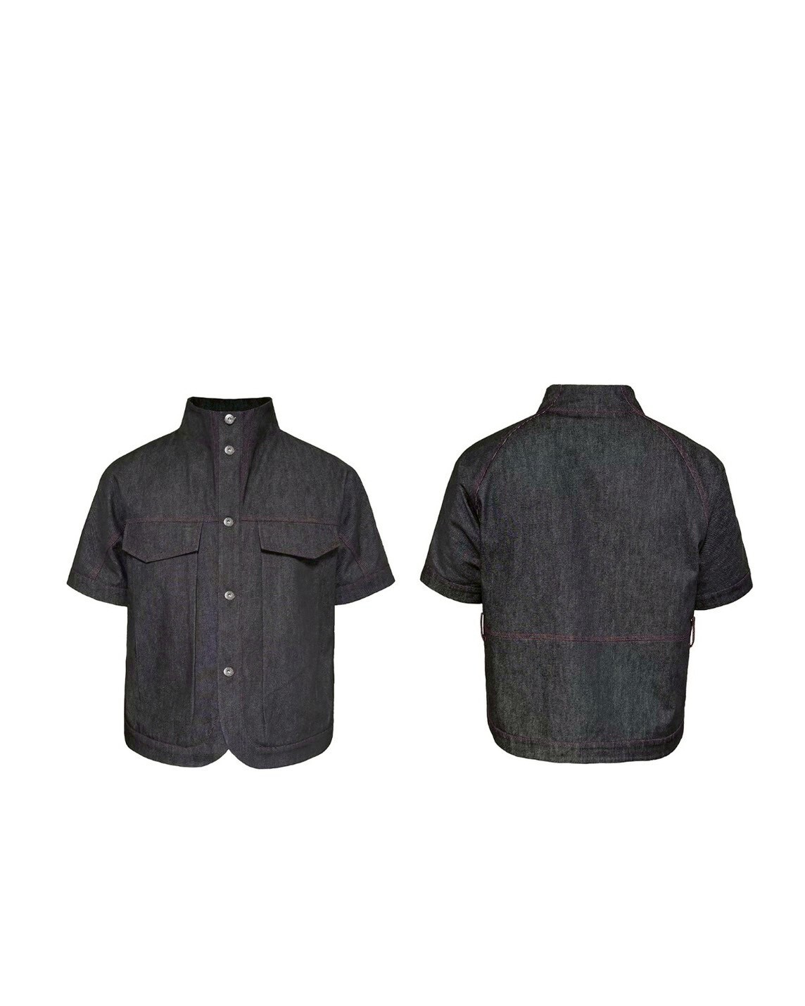 JCA 原牛 立領紅線條 雙腰側口袋 短袖 #襯衫