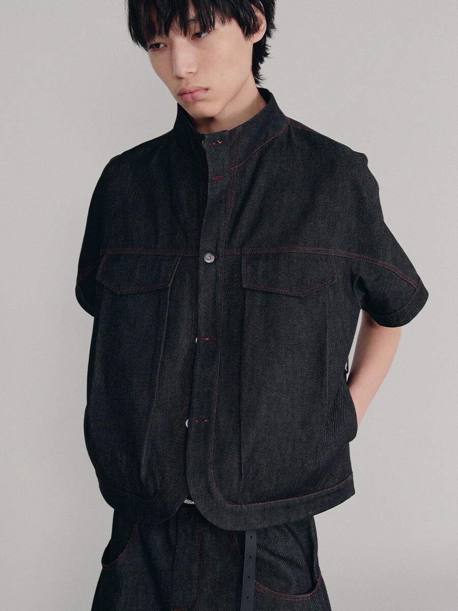 JCA 原牛 立領紅線條 雙腰側口袋 短袖 #襯衫