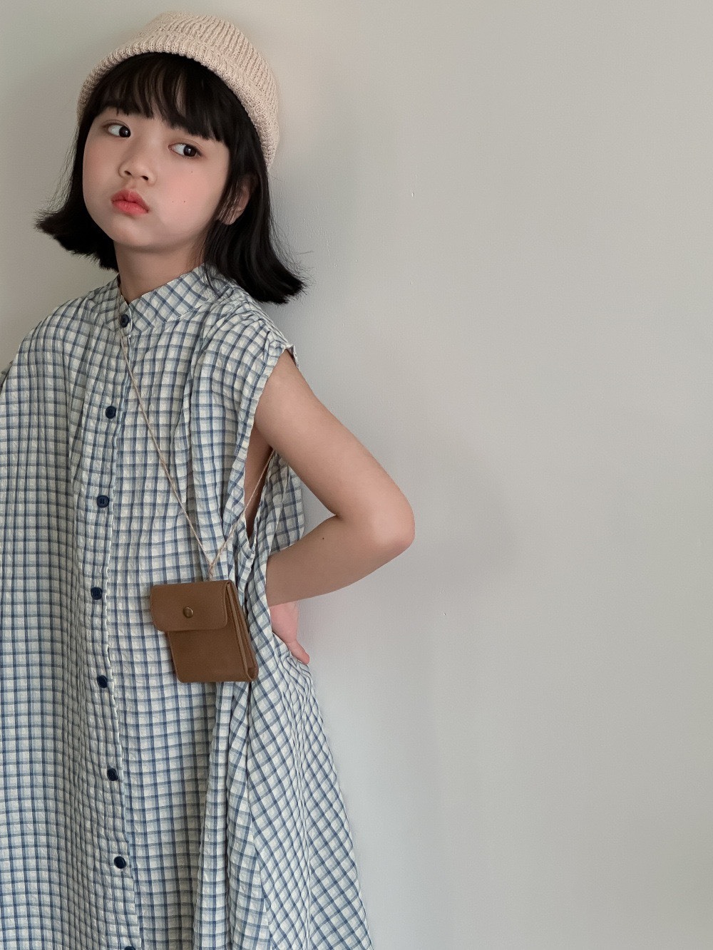 小格子落肩洋裝