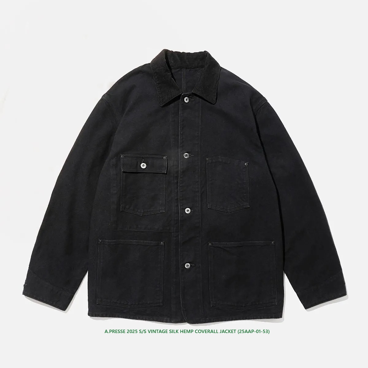 RE-STOCK: A.PRESSE 2025 S/S VINTAGE SILK HEMP COVERALL JACKET (25AAP-01-53) - BLACK PRE ORDER ITEM (預訂中)