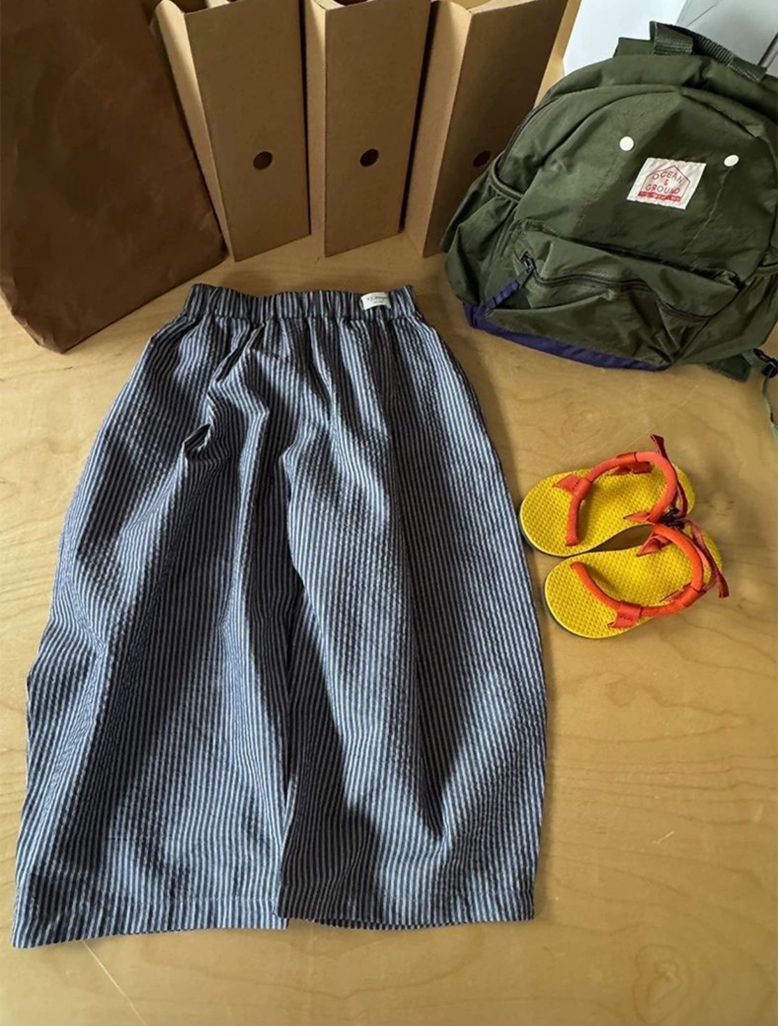 直條紋闊腿休閒褲