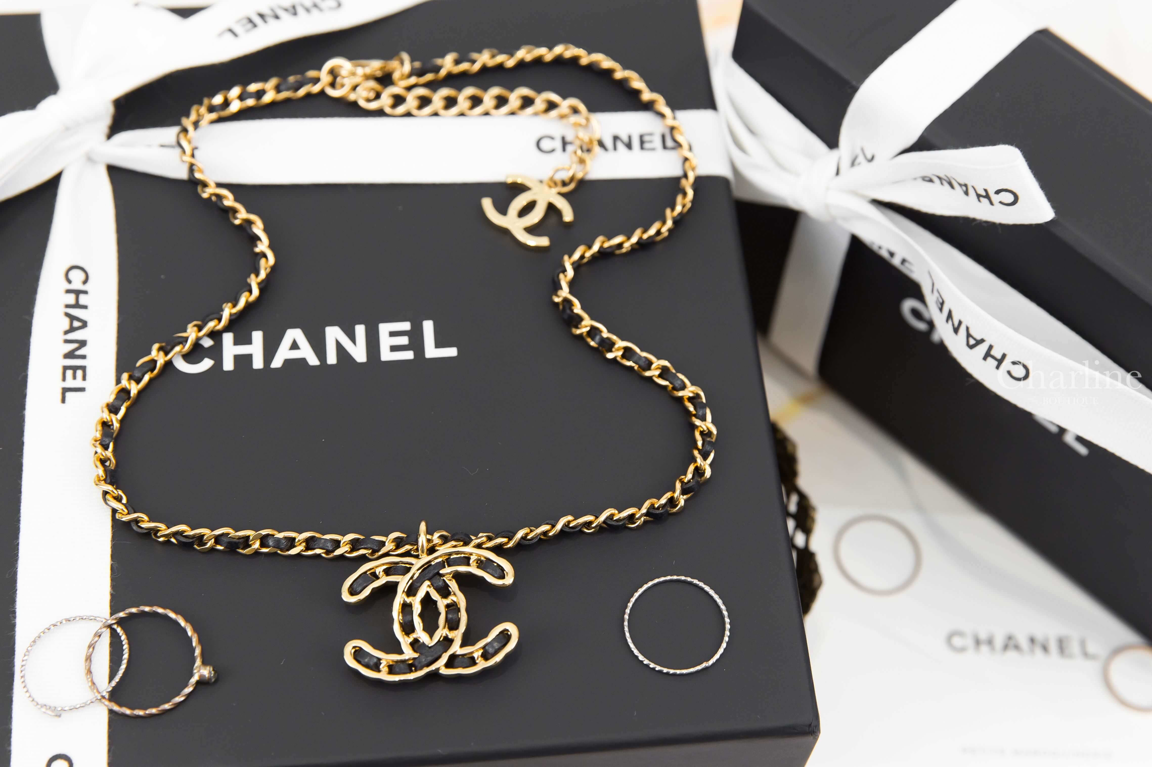 Chanel Necklace 黑色皮穿金鍊CC垂墜項鍊-Charline Boutique 精品代購