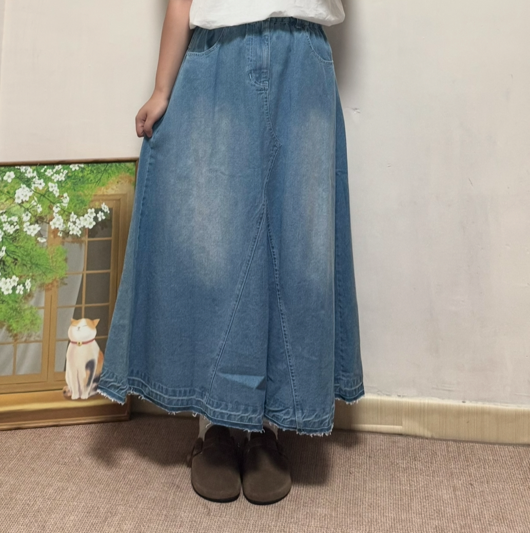 淺色刷色全橡筋牛仔裙