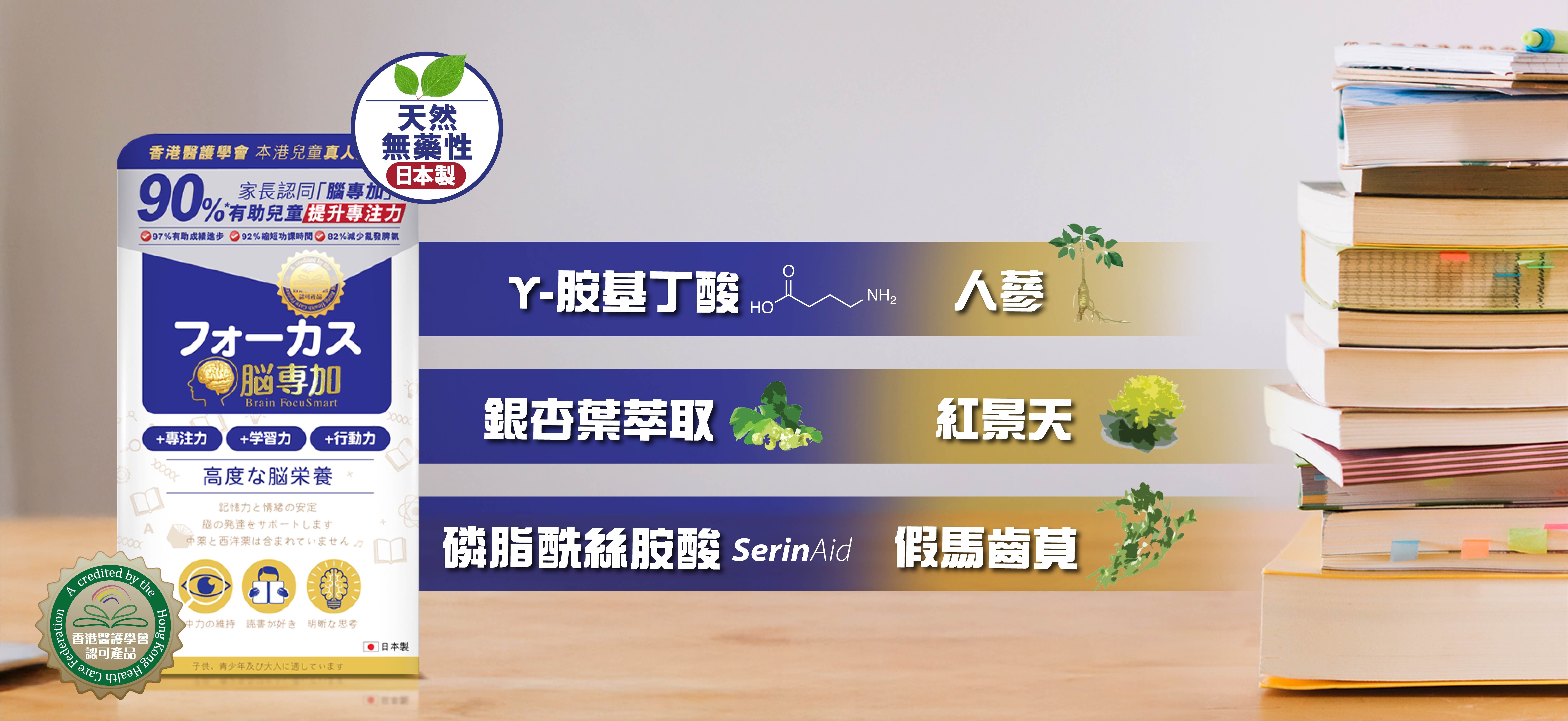 【無副作用 無依賴性】六大成分 吃出好情商及專注力  「腦專加」含 6 大天然成分，不僅能夠提升專注力、記憶力和學習能力，還能改善情緒，在生活中更加自信與愉快：  1. 假馬齒莧  一種主要的神經遞質調節劑，支持人類學習能力和記憶力，為重要的記憶中心提供抗氧保護，有助減低壓力對大腦的影響，纾緩緊張情緒。假馬齒莧透過改善神經脈衝的傳送以增強認知能力，維持大腦專注力、學習能力及記憶力之發展。    2. 紅景天  具有單胺化酶抑制劑的作用，能抑制單胺類的分解，例如：腎上腺素、正腎上腺素及多巴胺，對壓力及認知管理有著重要影響。紅景天有效調節壓力激素，同時促進能量代謝，有效改善與壓力相關的症狀。    3. 人蔘  人蔘有增強記憶力、改善睡眠質素及護腦的功效，對於改善專注力不足問題有著長遠的好處，提升學習和記憶力。    4. SerinAid 磷脂酰絲胺酸  磷脂酰絲胺酸是腦細胞膜表面的重要部分，通過神經遞質改善腦部活動能力，磷脂酰絲胺酸能改善專注力不足者的集中能力，學習得更好，減少發生疲倦及衝動情況。日本大學臨床證實，PS 有效改善 4-14 歲學童專注力不足、過份好動、及短期記憶的問題。PS 更被證實為有效而安全，可用作改善腦部機能的營養保健品。    5. γ-胺基丁酸  γ-胺基丁酸是一種非蛋白氨基酸，在人類腦部起著神經遞質的作用。人體會自然生產 γ-胺基丁酸，γ-胺基丁酸在中樞神經系統中能發揮放鬆及緩和神經緊張的作用。    6. 銀杏葉萃取  銀杏葉能改善血液循環，活化腦細胞，增強記憶力及認知能力，尤其對因老齡出現的輕度記憶問題有所幫助。銀杏具抗氧化功效，有助身體對抗自由基的侵害，延緩衰老。