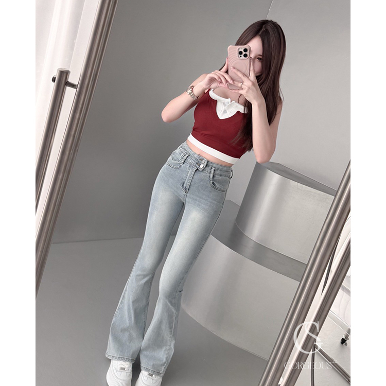 L23 現貨「小腰側雙扣牛仔喇叭褲」