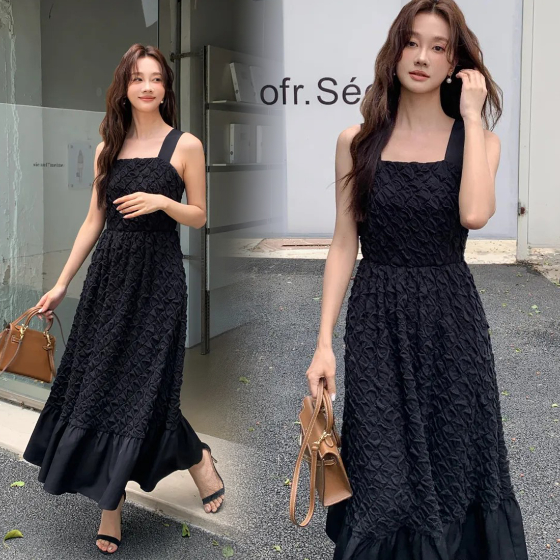 經典黑寬肩帶立體織紋收腰傘擺長洋裝S-M (Elegant & Love)