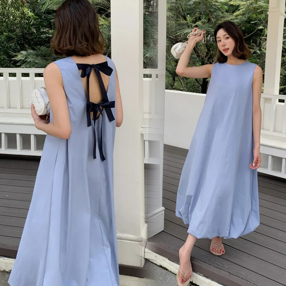 後蝴蝶結造型澎澎雲朵裙擺長洋裝-F (Elegant & Love)