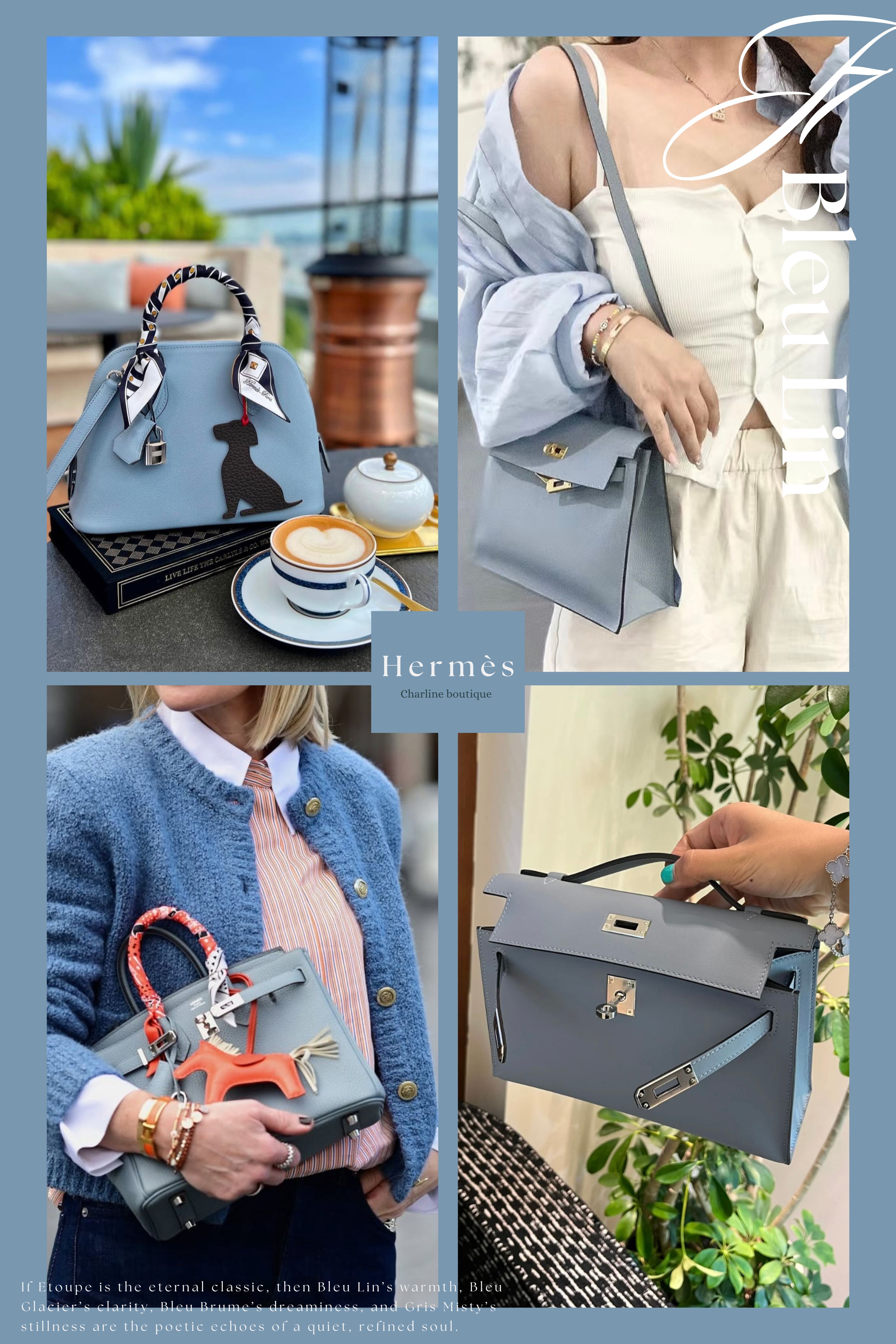 J7 Bleu Lin 亞麻藍：自然麻布藍灰，極簡高級感代表  第一個先來介紹：J7 Bleu Lin亞麻藍，自 2012 年推出以來，以其自然如麻布般的色調廣受喜愛，是一款結合灰藍與霧感的溫柔中性色。這款色可清冷亦可溫柔，光線不同會有不同視覺效果：光線暗時偏灰藍，光線明亮時偏迷霧藍、帶點奶調。無論日常使用或旅遊穿搭皆非常合適，尤其推薦 Swift 或 Togo 材質呈現其質樸高級的特性。J7 亞麻藍屬於每年穩定少量推出的經典色，耐看不膩，是許多人心中的長青色，也是近期非常受歡迎的顏色之一。