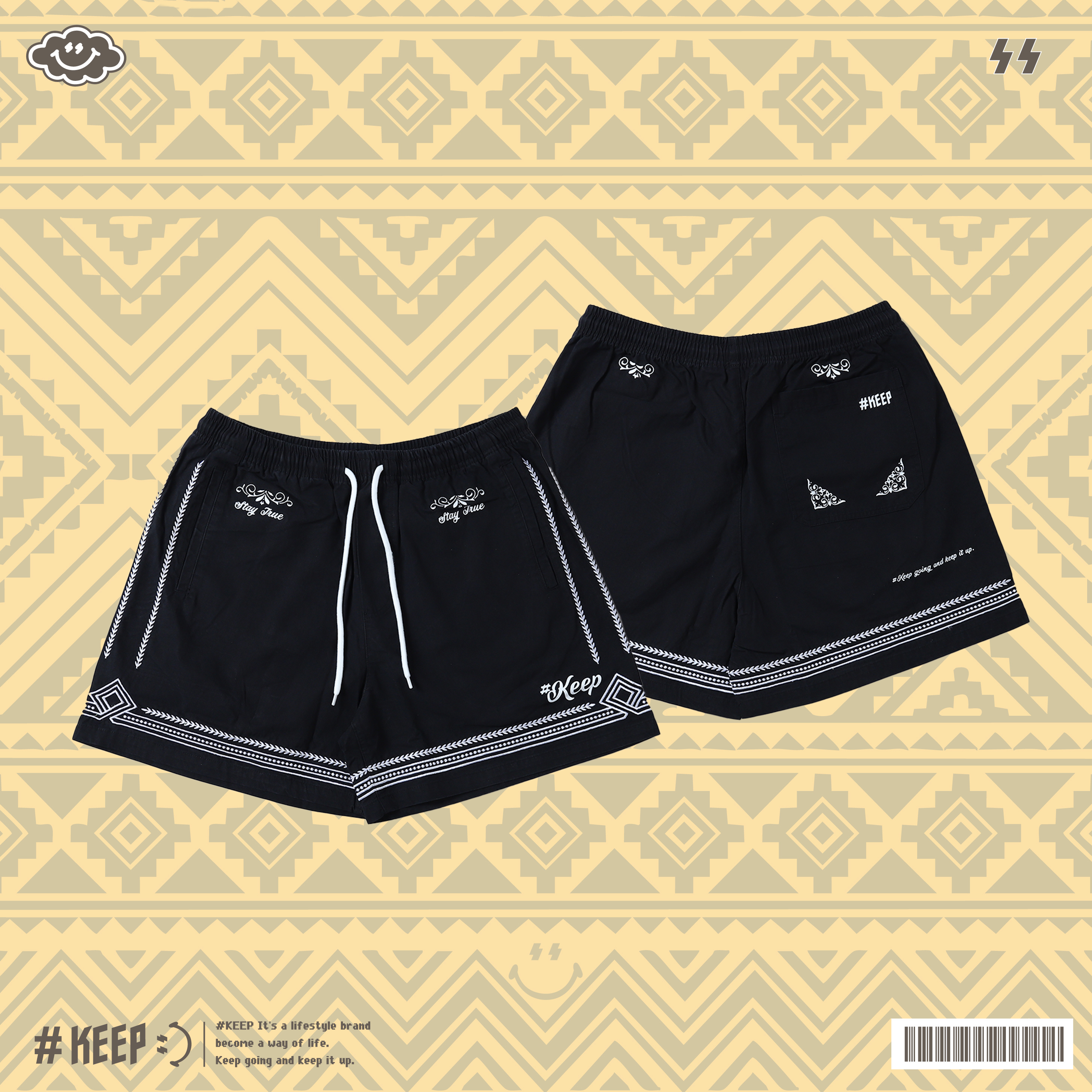 #KEEP HEAVYWEIGHT SHORTS 黑色 白線 重磅 水洗 刺繡 民族風 短褲【KS305-BK】