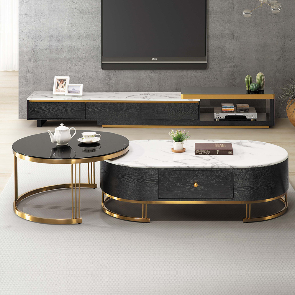 安菲娜白色石面茶几組合(4.3尺橢圓形白色石面大茶几+2.7尺圓形黑色強化玻璃小茶几)