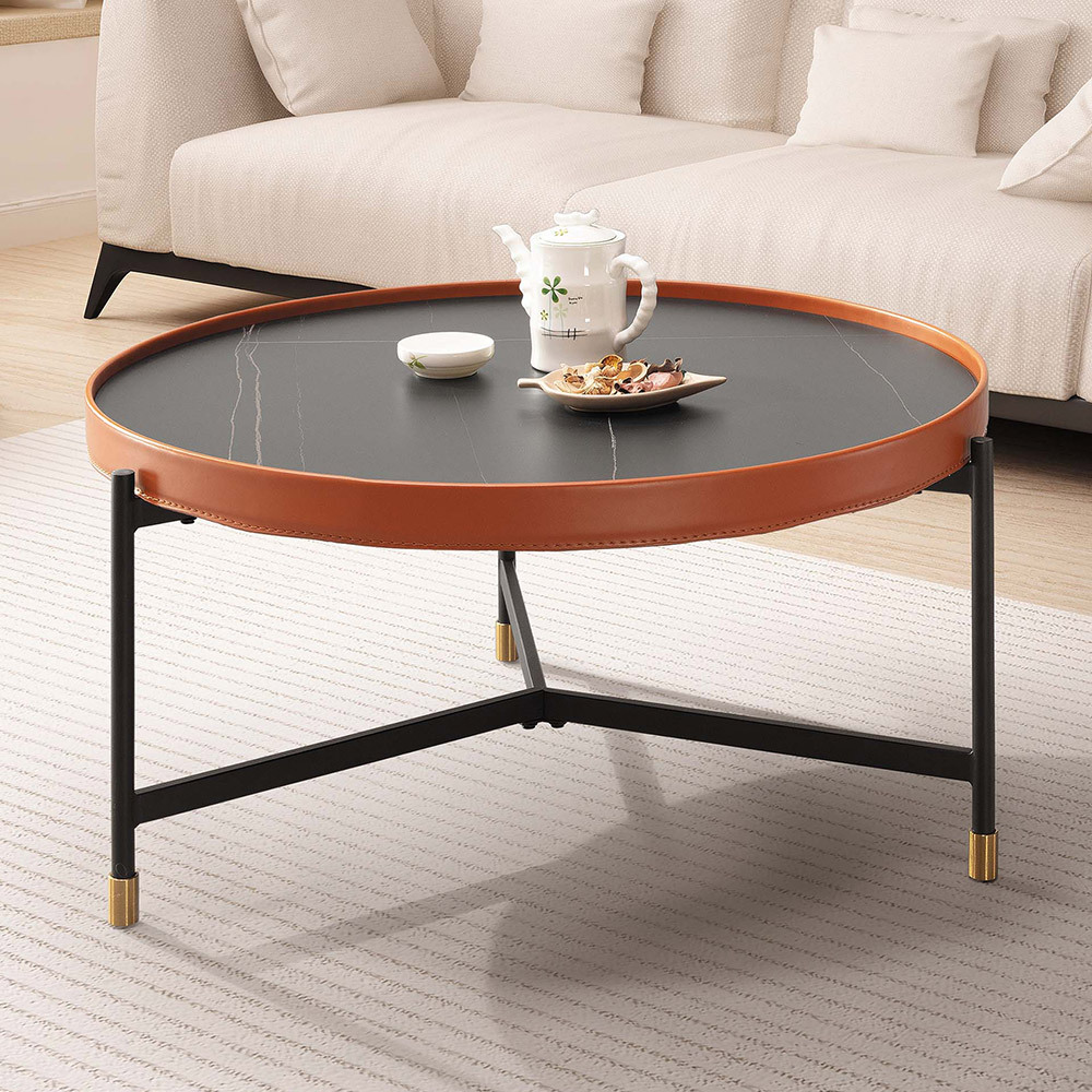 派恩2.8尺圓形黑色陶板皮革大茶几/設計款造型大茶几