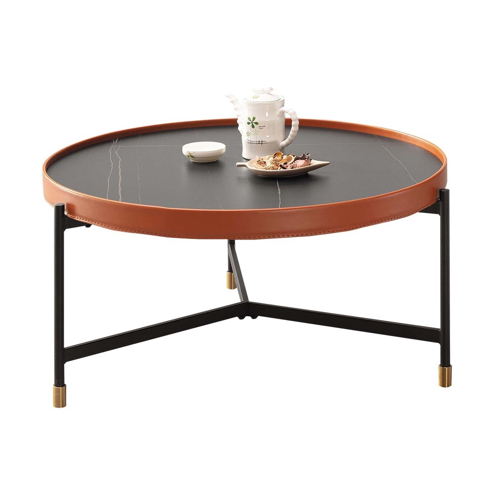 派恩2.8尺圓形黑色陶板皮革大茶几/設計款造型大茶几