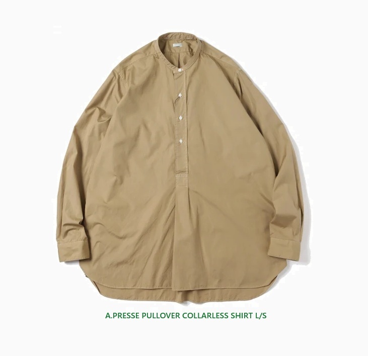 RE-STOCK: A.PRESSE PULLOVER COLLARLESS SHIRT L/S - BEIGE PRE ORDER ITEM (預訂中)