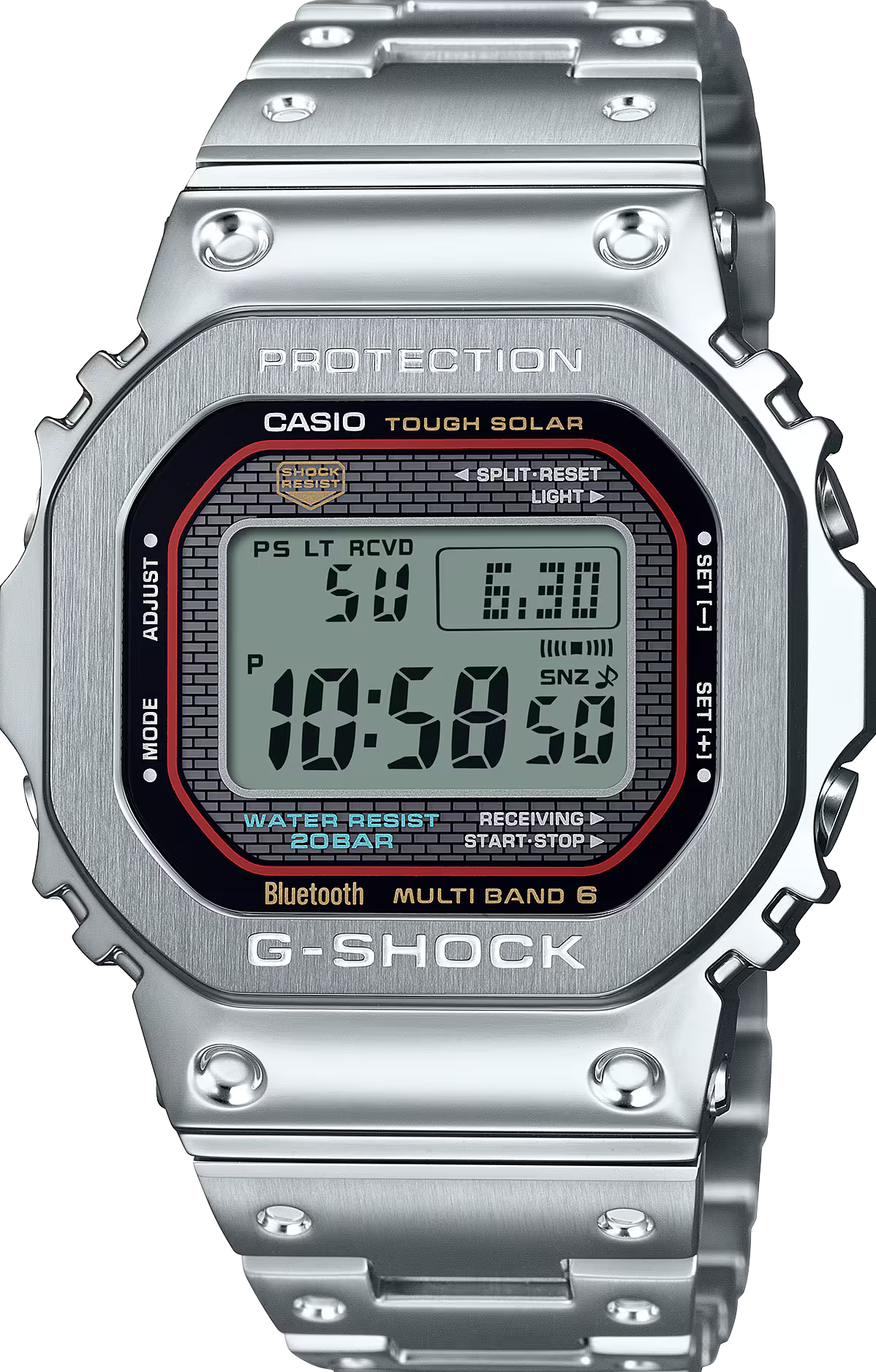 萬年鐘錶 - G-SHOCK   藍色面盤全金屬太陽能藍芽電波防震電子錶  GMW-B5000D-1C   錶徑 : 43.2 MM