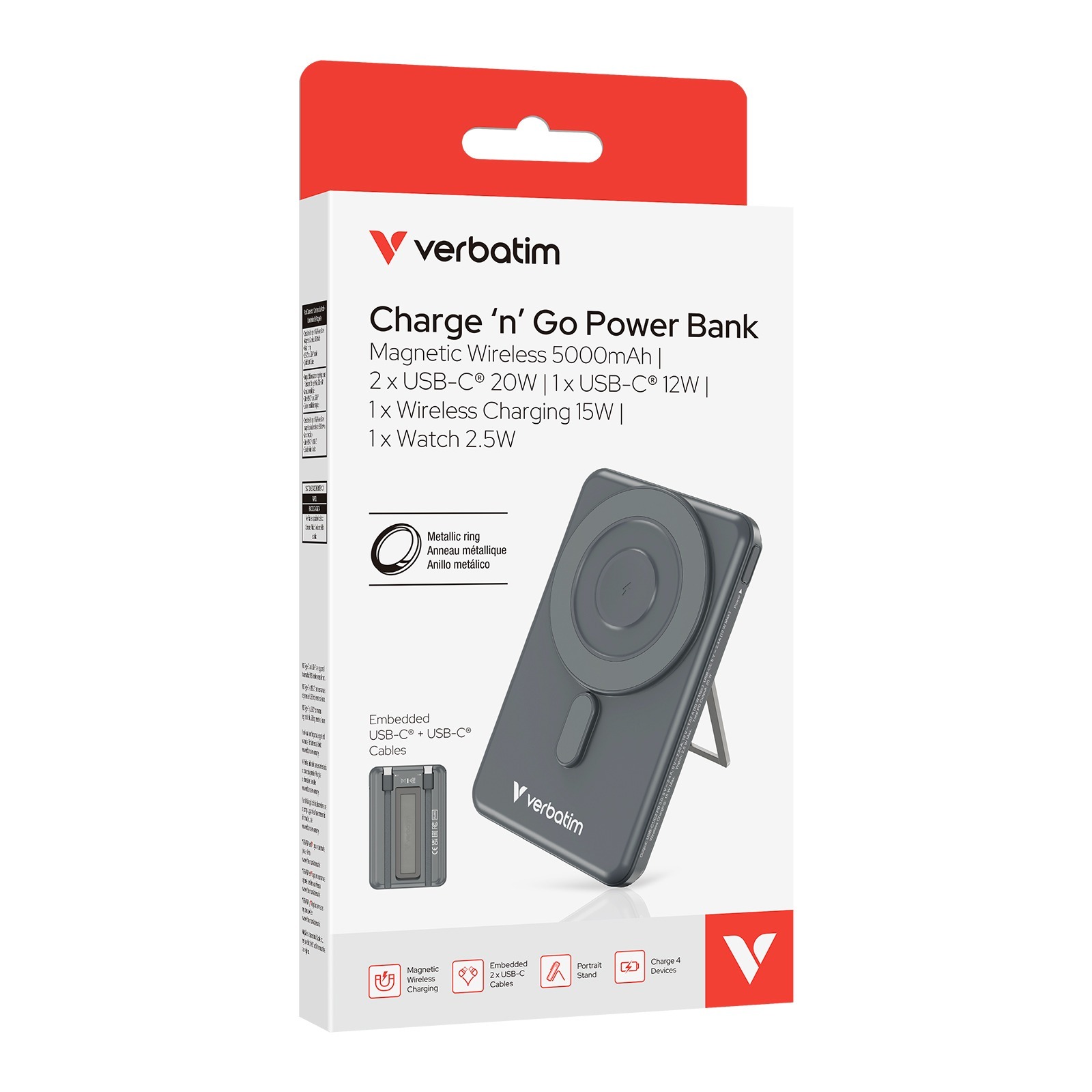 Verbatim Charge‘n’Go Power Bank Magnetic Wireless Charging 5-in-1 Stand 5000mAh (Dual Type C and China CCC Certificate Version)