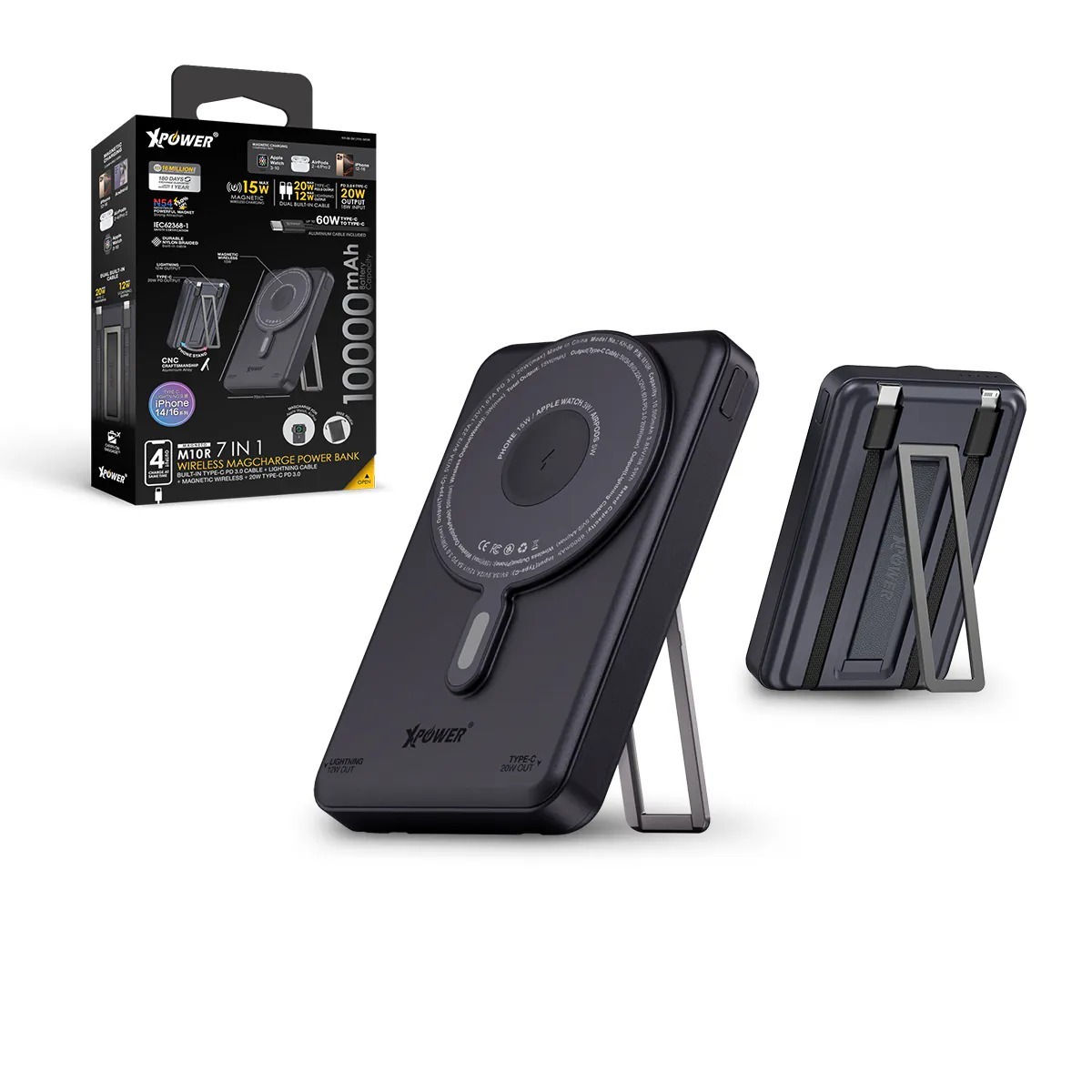 XPower M10R 7合1 10000mAh PD 3.0雙內置線+磁吸無線移動電源連支架