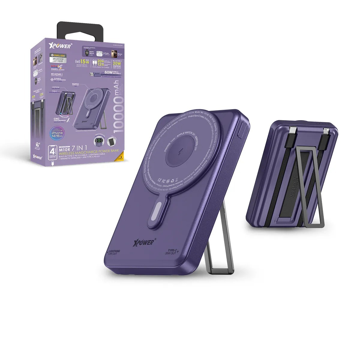 XPower M10R 7合1 10000mAh PD 3.0雙內置線+磁吸無線移動電源連支架