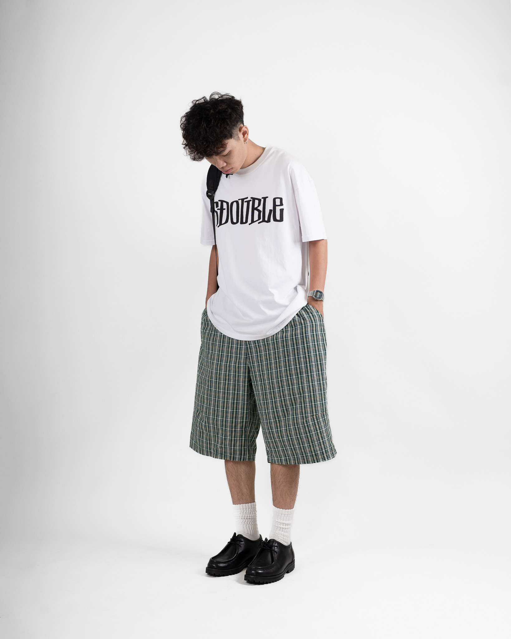 Ourpick Plaid Casual Shorts 藍綠格紋寬鬆七分褲