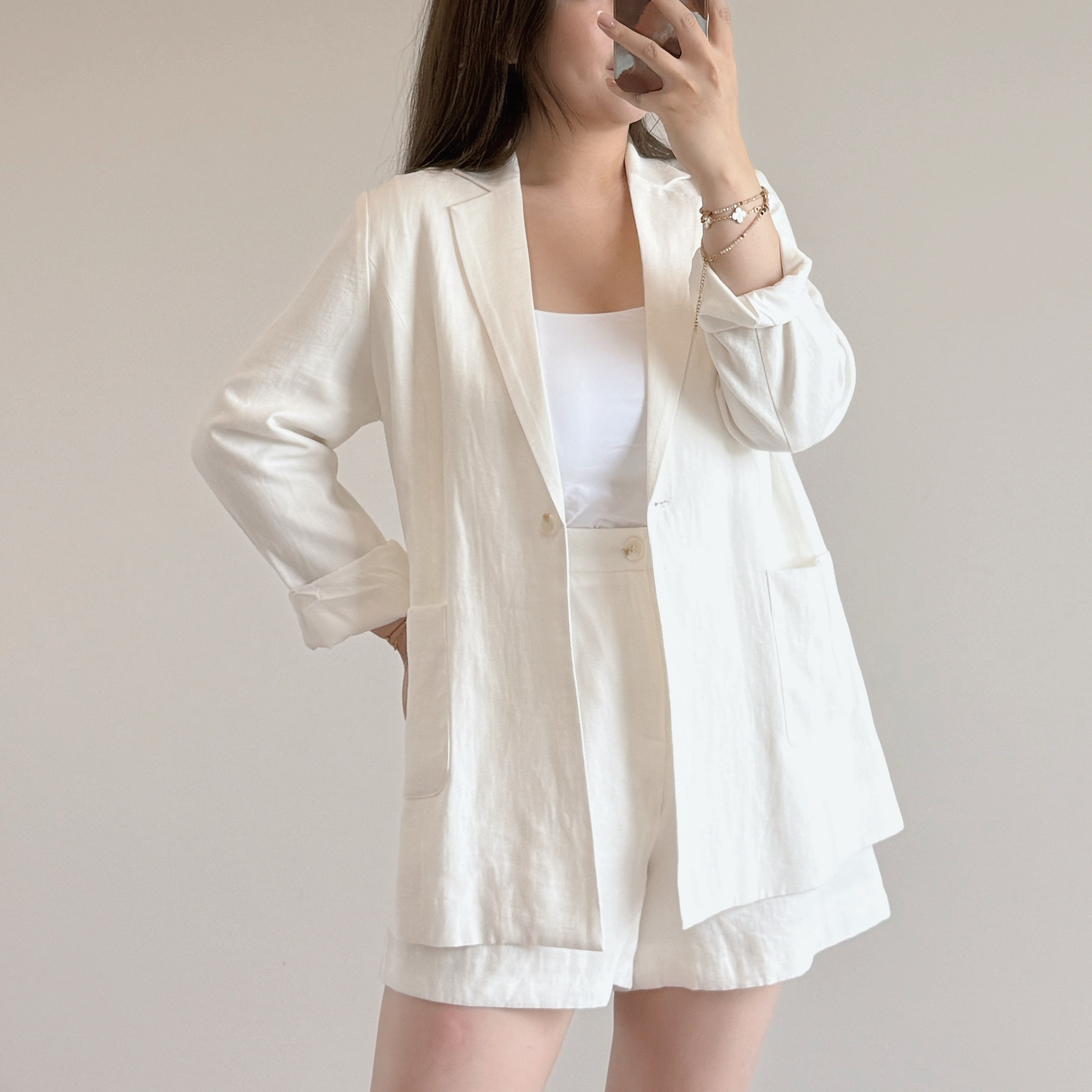 現貨 7207 極簡風 亞麻西裝外套短褲套裝