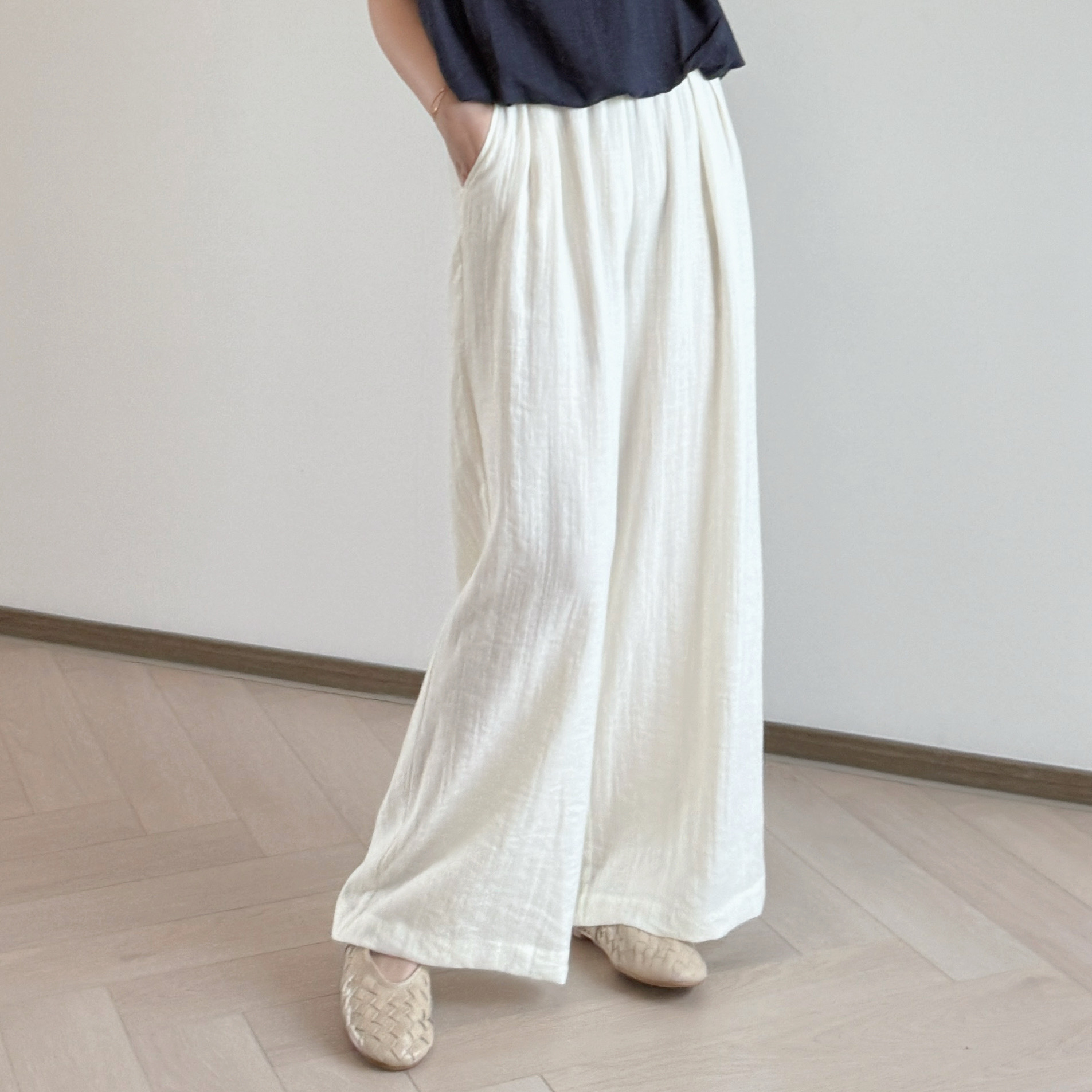 現貨 7198 天絲混棉麻 涼感闊腳褲-  新色米杏