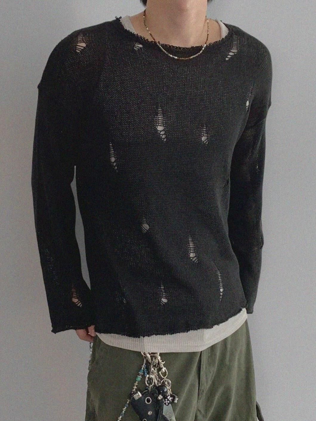 淨色破洞針織長袖衫 1990S-009T