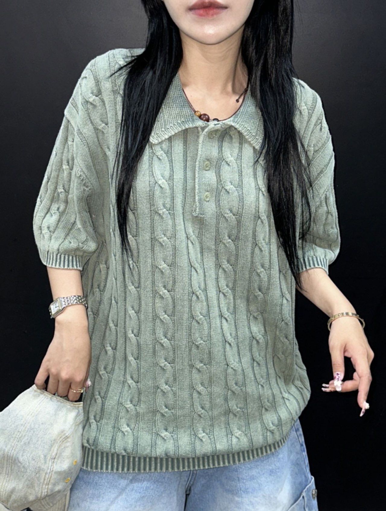 淨色暗紋針織短袖Tee MEMENTO-036T