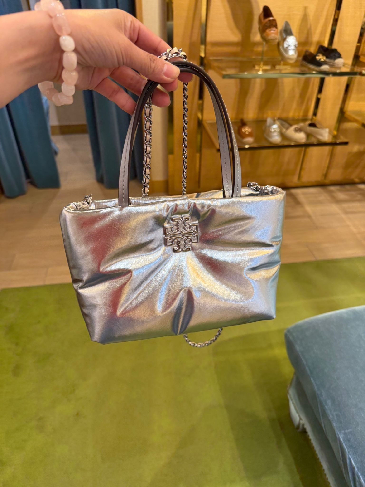 Tory Burch Britten Metallic Nylon Puffy Mini Tote Bag Silver