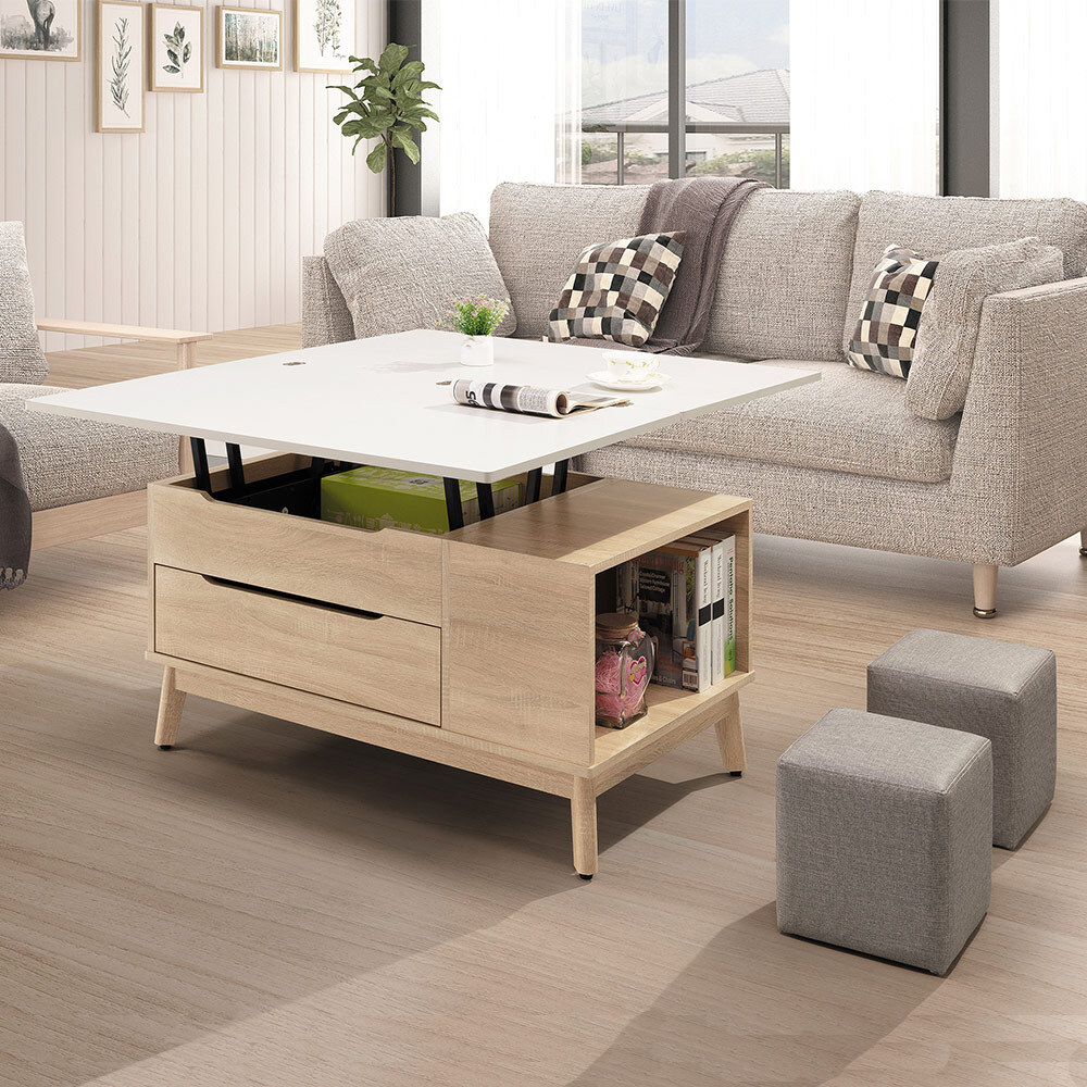 艾森豪3.3尺多功能升降單抽大茶几/餐桌-折疊大桌面+附皮革小椅凳二入