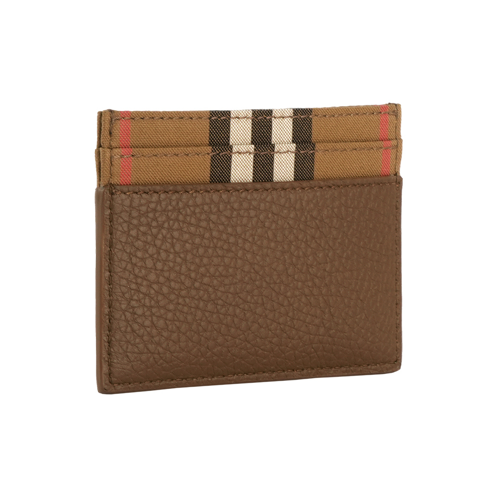 【Burberry】Sandon 皮革及格紋帆布4卡卡片夾/名片夾(土棕色)