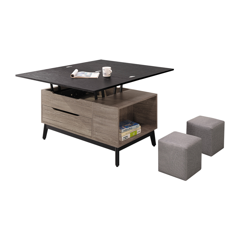 傑威爾3.3尺多功能升降單抽大茶几/餐桌-折疊大桌面+附皮革小椅凳二入