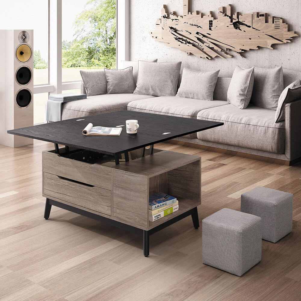 傑威爾3.3尺多功能升降單抽大茶几/餐桌-折疊大桌面+附皮革小椅凳二入