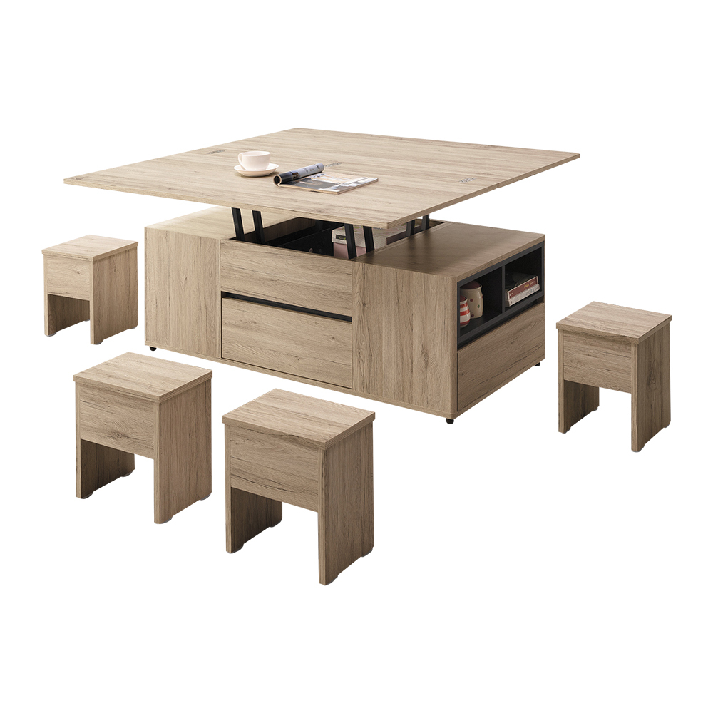 奧德克4尺多功能升降單抽大茶几/餐桌-折疊大桌面+附小椅凳四入