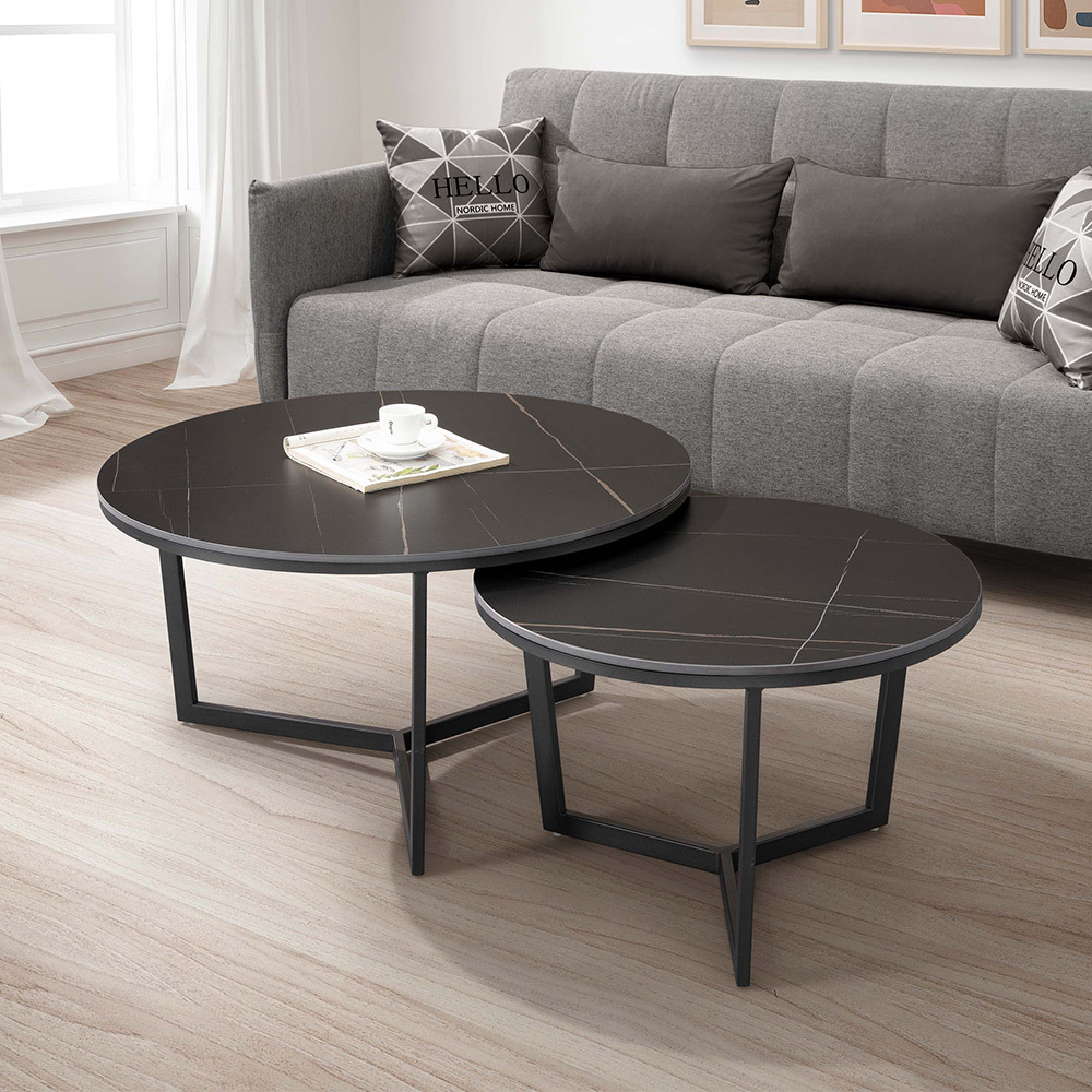 納肯圓形黑色岩板茶几組合(2.7尺大圓几+2尺小圓邊几)