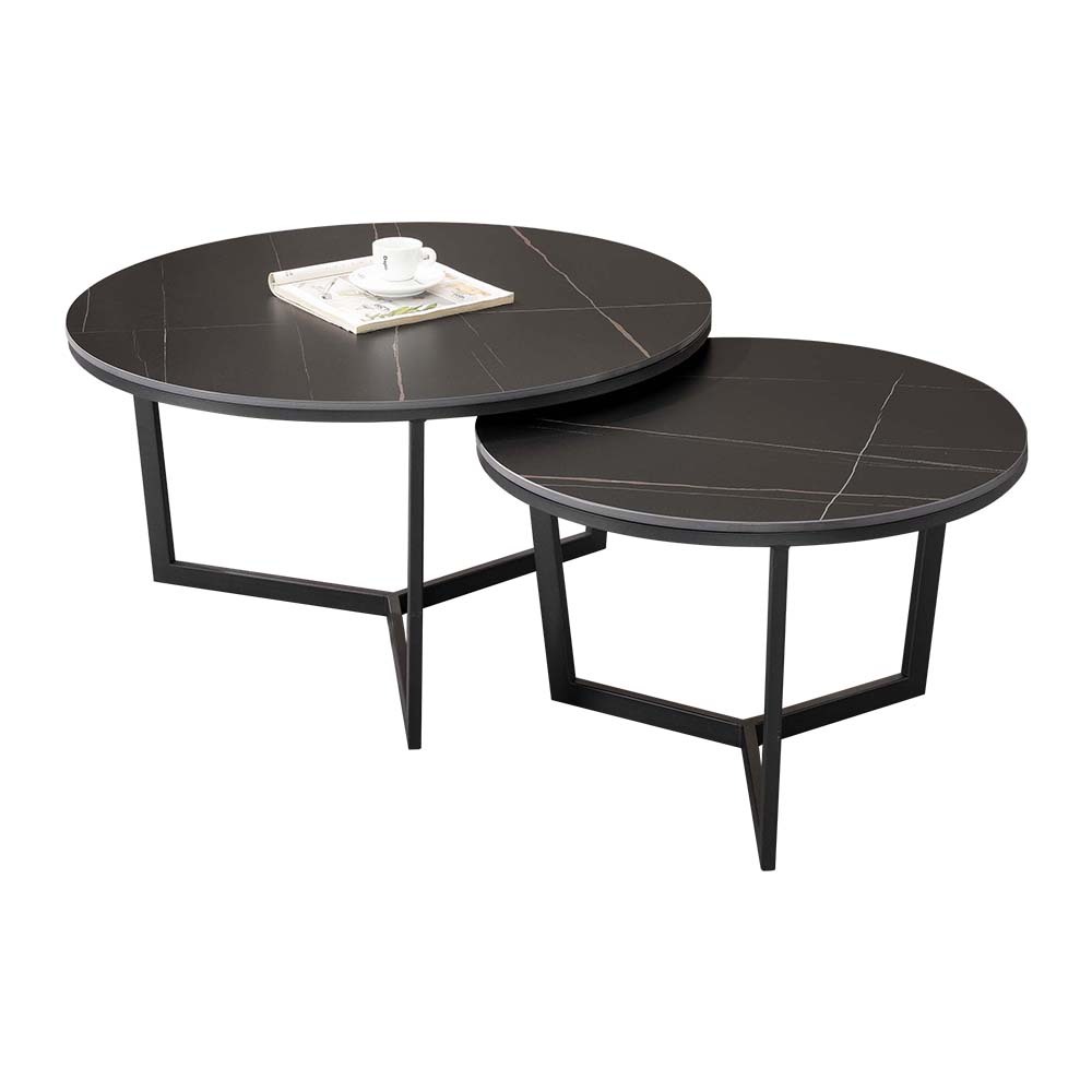 納肯圓形黑色岩板茶几組合(2.7尺大圓几+2尺小圓邊几)