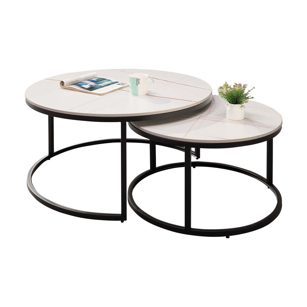 戴達圓形白色岩板茶几組合(2.7尺大圓几+2尺小圓邊几)