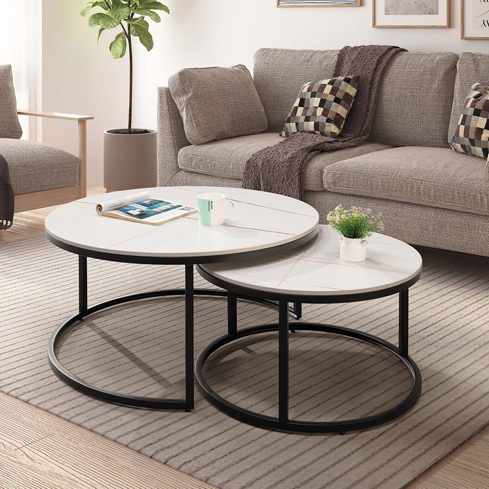 戴達圓形白色岩板茶几組合(2.7尺大圓几+2尺小圓邊几)