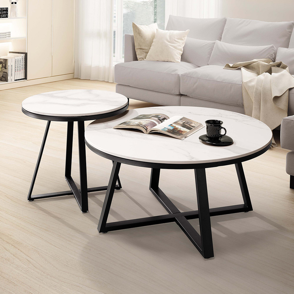 埃爾圓形白色岩板茶几組合(2.7尺大圓几+1.7尺小圓邊几)