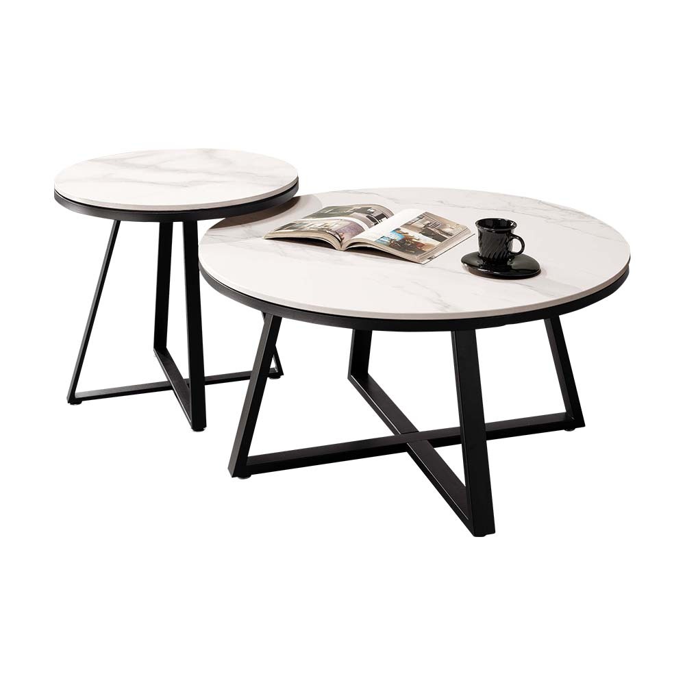 埃爾圓形白色岩板茶几組合(2.7尺大圓几+1.7尺小圓邊几)