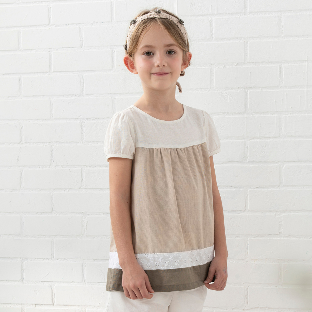 PIPPY森林系飄逸拼接圓領上衣 卡其