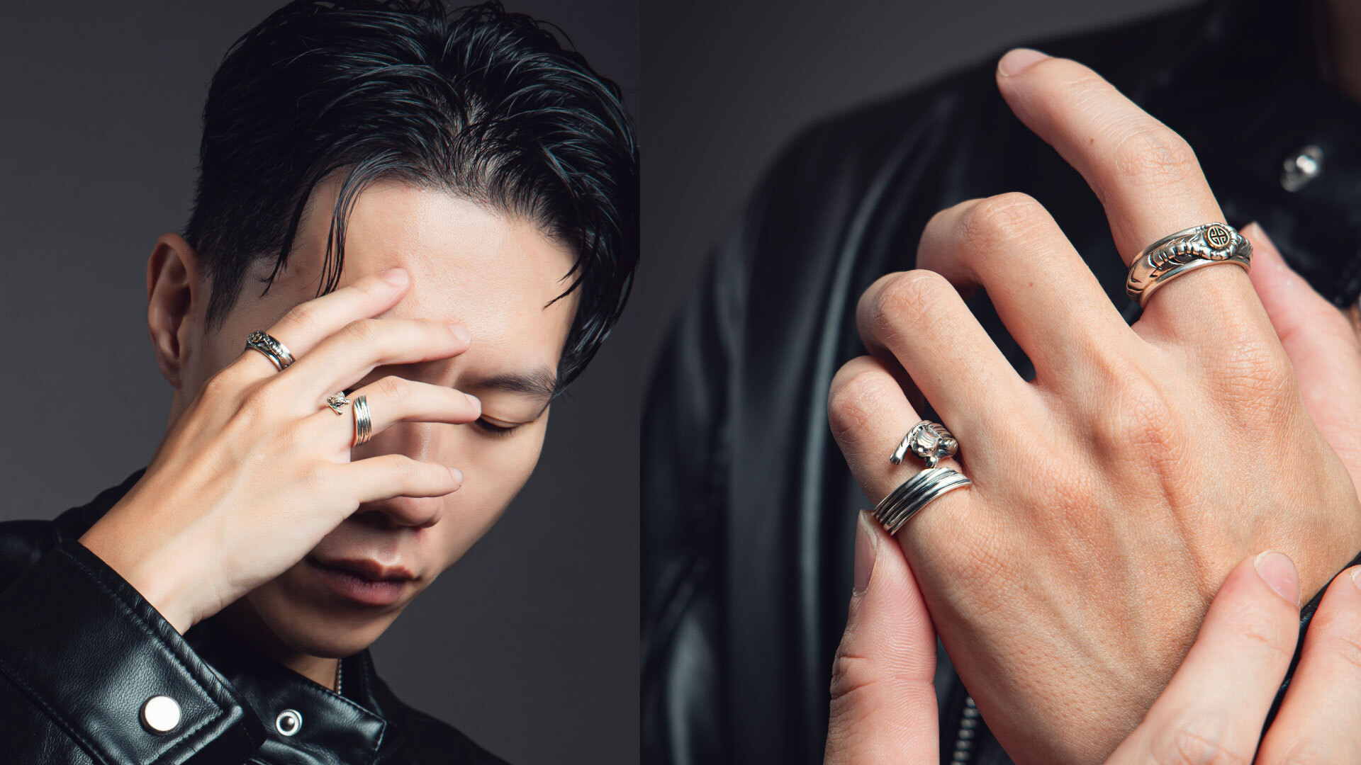 佩戴多款JK銀飾戒指，包含飛昇‧虎爺 純銀尾戒等戒指，展現台灣男性飾品品牌的獨特風格與細緻工藝，風格剛毅且兼具時尚感。