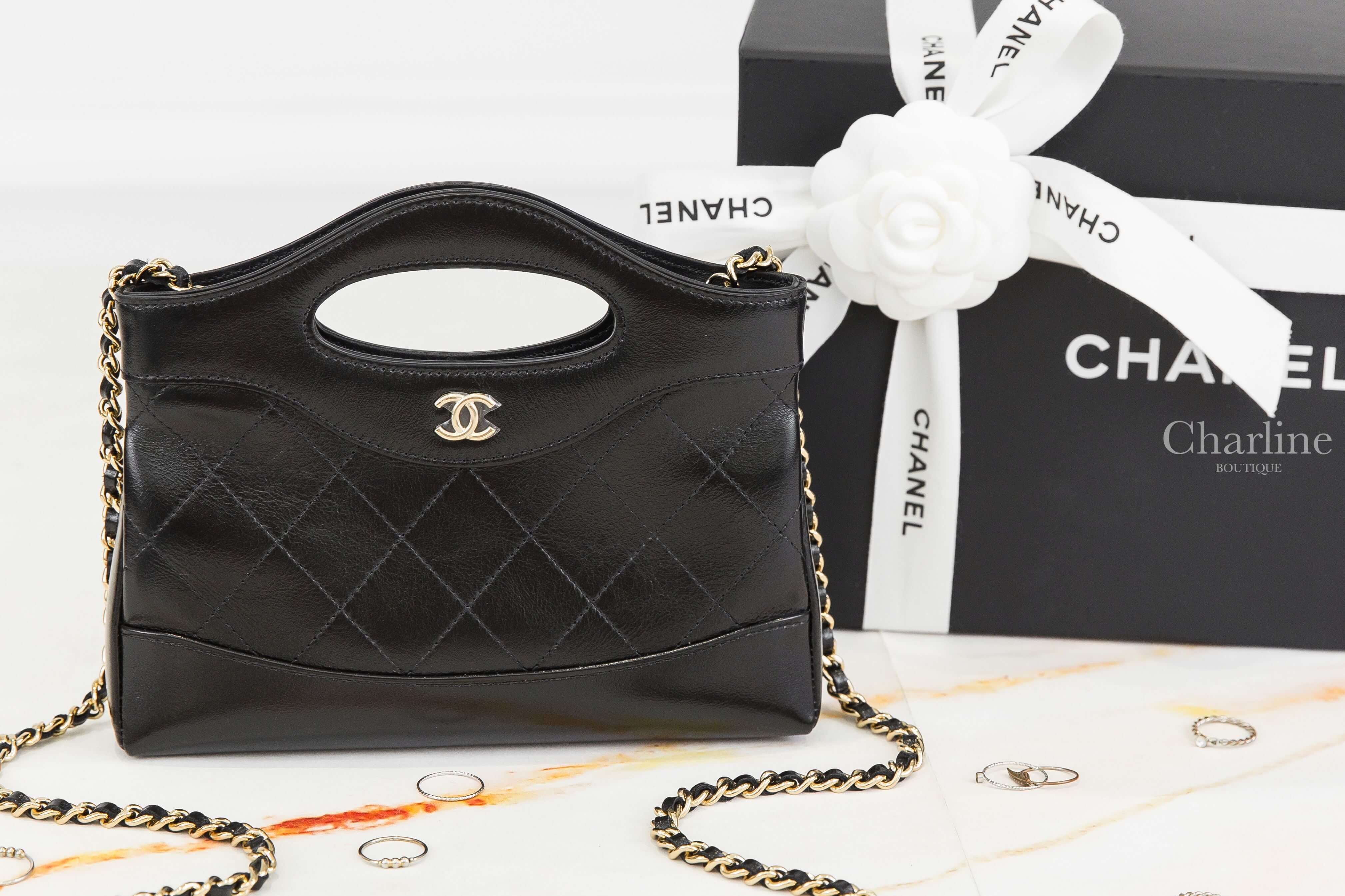 Chanel Chanel 31 Nano Shopping Bag 黑色金CC金鍊油蠟小牛皮平面菱格紋超迷你手提肩背包-Charline Boutique 精品代購