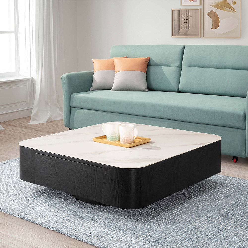 朗德3尺岩板方型二抽大茶几