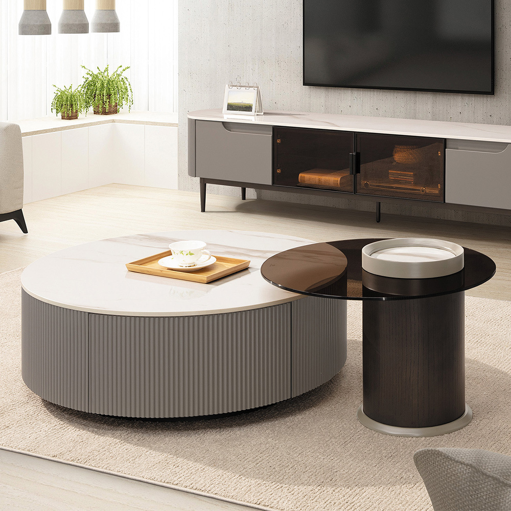 克萊兒圓形岩板+玻璃茶几組合(3尺單抽岩板大圓几+2尺強化玻璃小圓邊几)