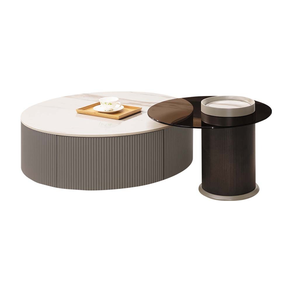 克萊兒圓形岩板+玻璃茶几組合(3尺單抽岩板大圓几+2尺強化玻璃小圓邊几)