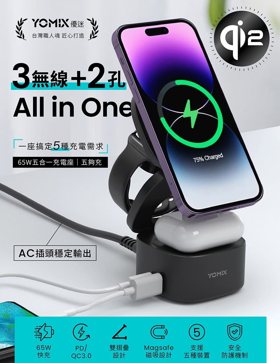yomix,優迷,充電神救援就用yomix,五夠充,65W充電座,五合一磁吸無線充電座,MagSafe無線充電,iPhone快充,Apple Watch充電座,AirPods充電,多設備充電器,桌面收納充電座,多功能無線充電底座
