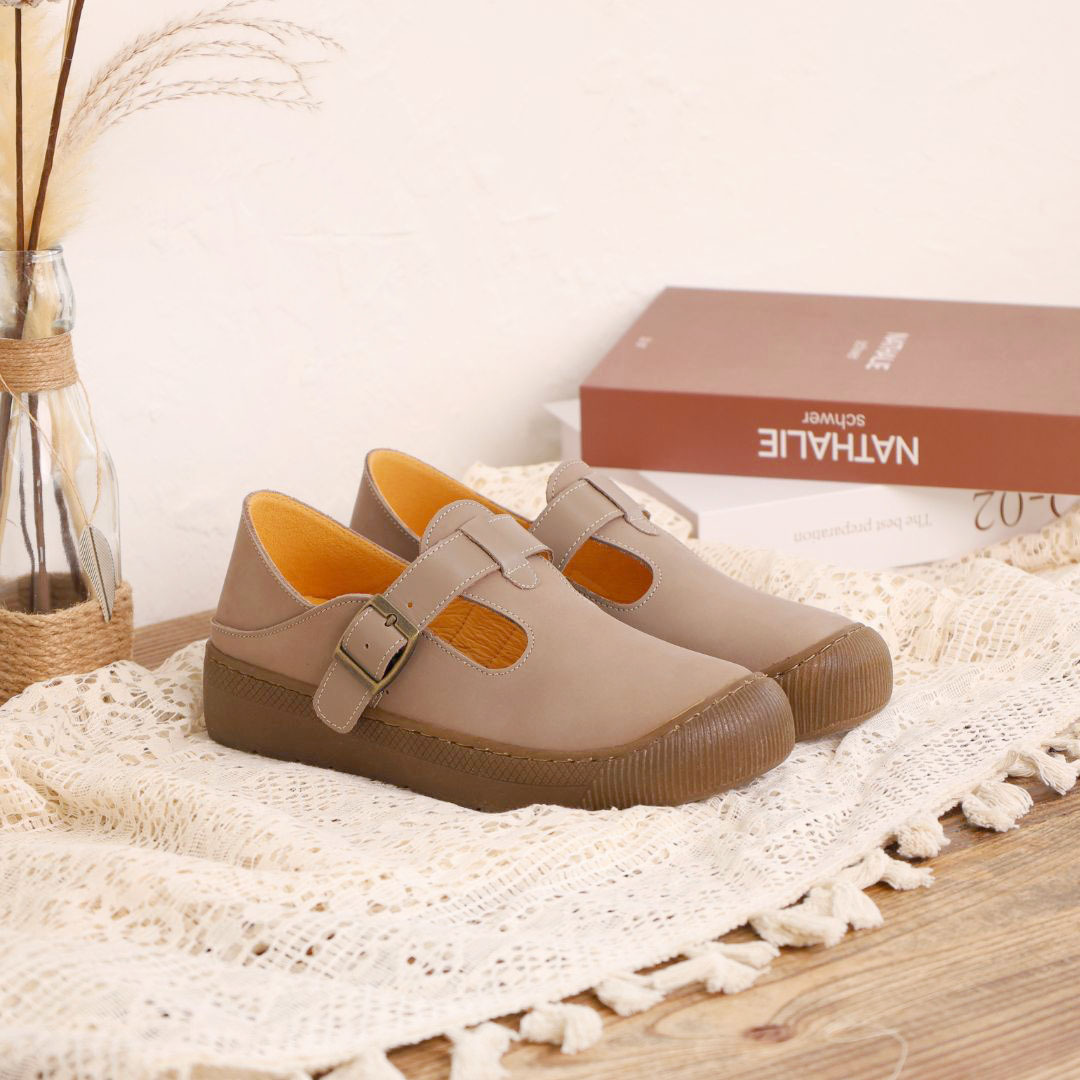 木沐 - 日系勃肯鞋 奶灰色(真皮女鞋/乳膠鞋墊/一秒穿脫)