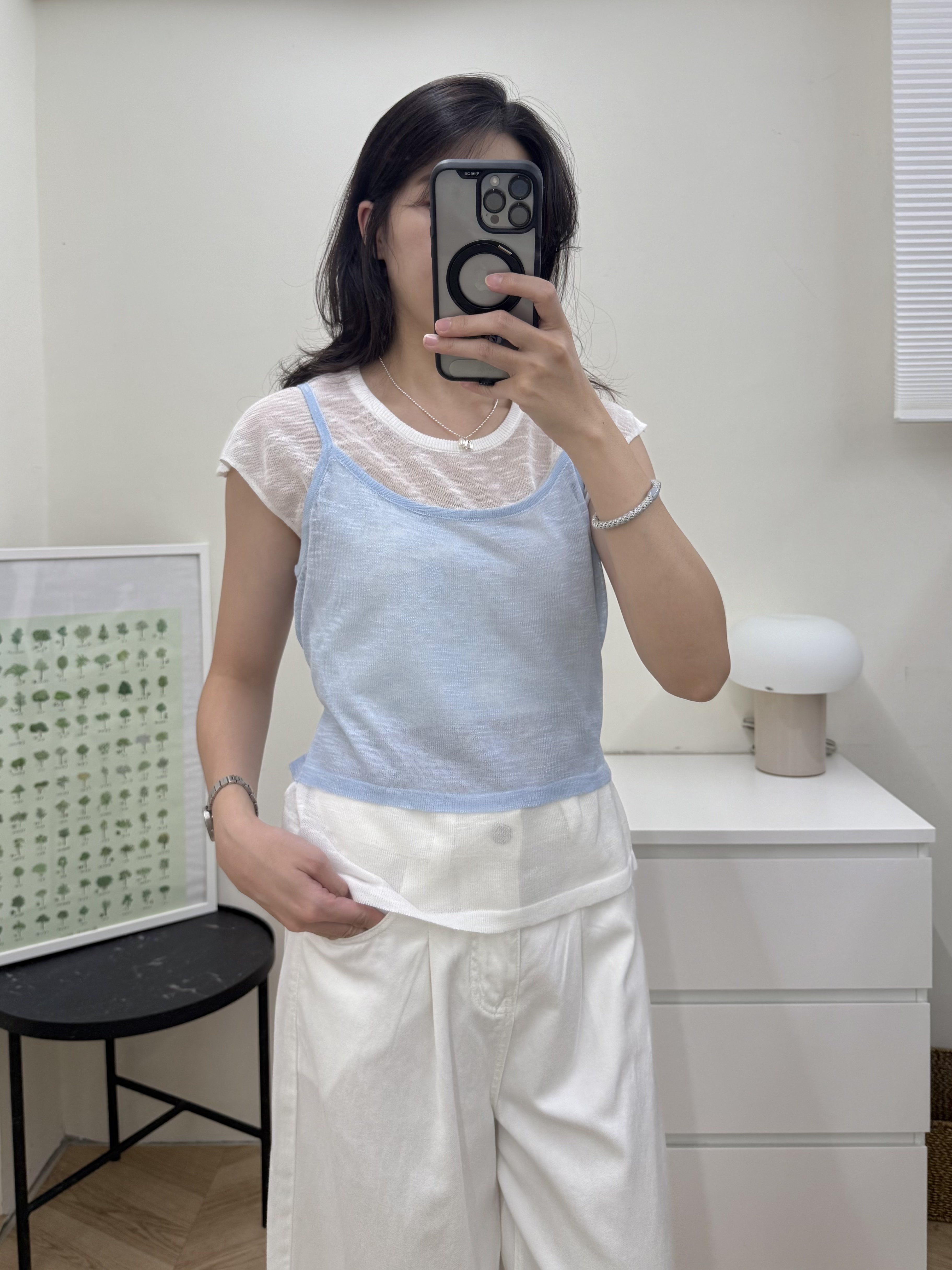 腰綁帶兩件式微透針織上衣