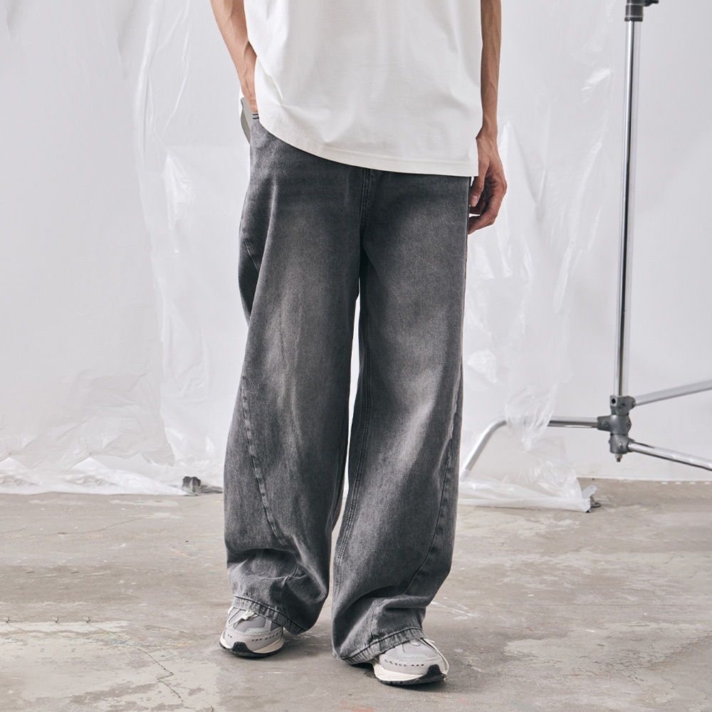 Men's White Washed Diagonal Cut Denim Pants S/M/L/XL【04011810】in stock+pre-order
